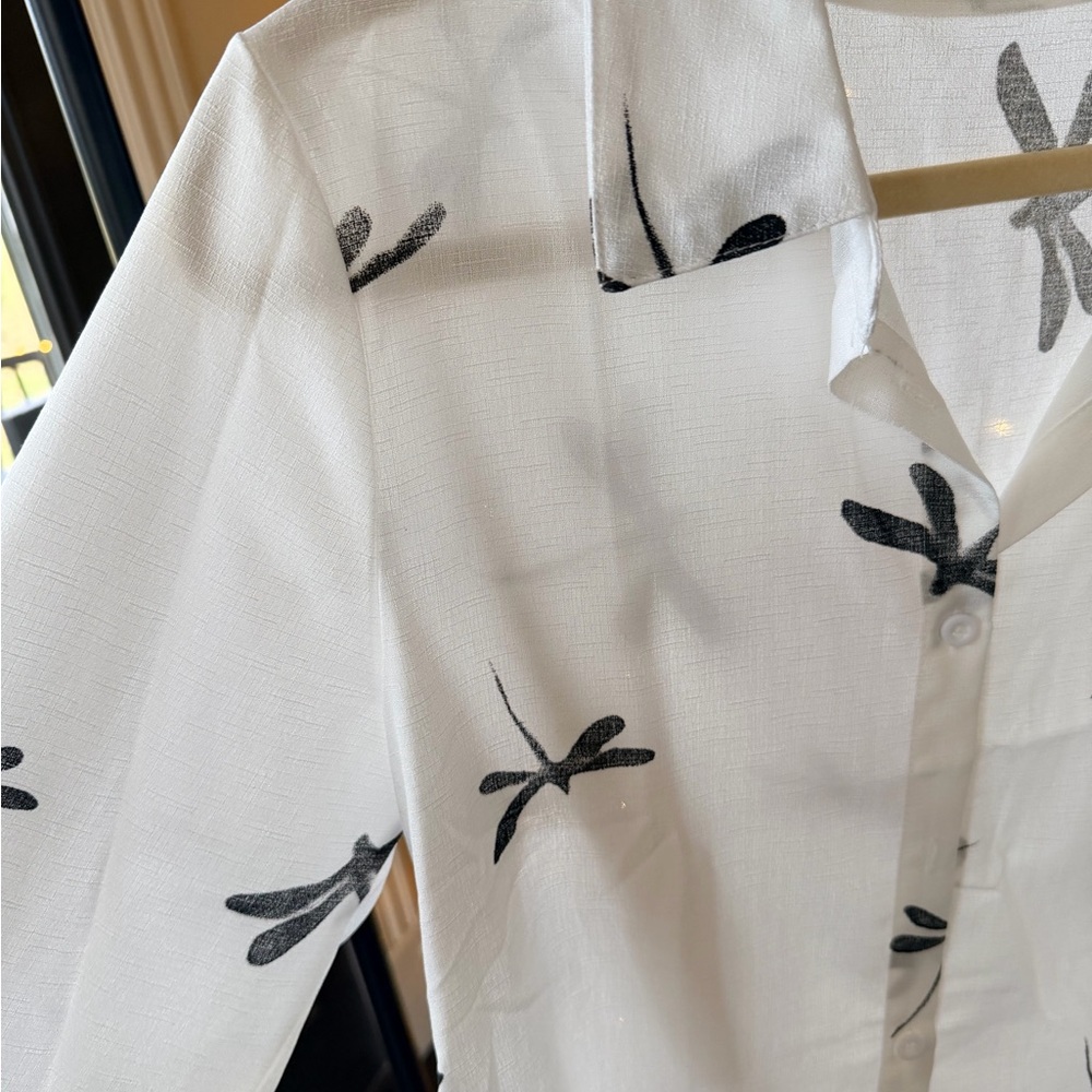 Chic White Dragonfly Print Button Down Shirt - image 2